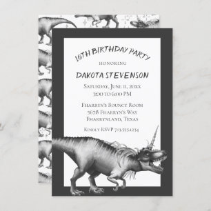 Dinocorn Silver Unicorn Dinosaur Birthday Party Invitation