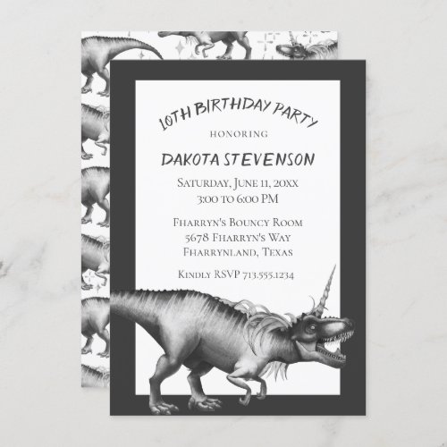 Dinocorn Silver  Unicorn Dinosaur Birthday Party Invitation