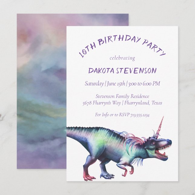 Dinocorn Watercolor | Unicorn Dinosaur Birthday Invitation (Front/Back)
