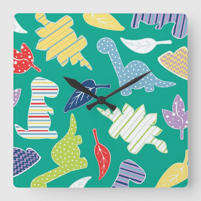 Dinomite! Cute Colorful Dinosaur Pattern Green Square Wall Clock (Front)