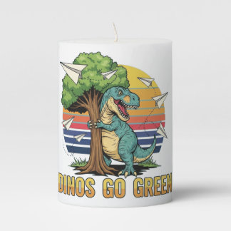 Dinos Go Green – Retro Eco Dinosaur Design Pillar Candle