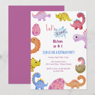 Dinos let's roar kids birthday invitation