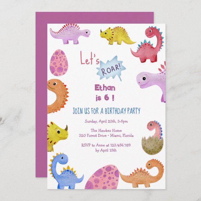 Dinos let's roar kids birthday invitation (Front/Back)