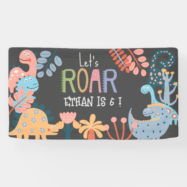 Dinos let's roar kids prehistoric birthday banner (Horizontal)