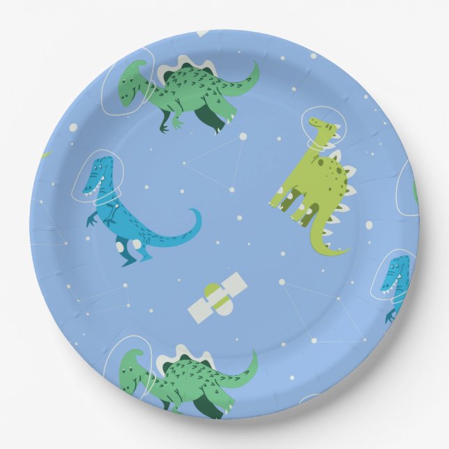 Dinos Space Dinosaur kids Pattern Gift Cute Summer Paper Plates (Front)