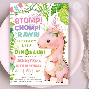 Dinosaur 10th Birthday Party Pink Dinosaur Girls Invitation