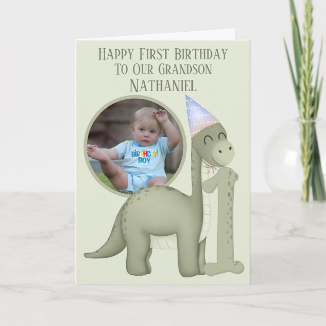 Dinosaur 1 Photo Aperture First Birthday Card (Front)