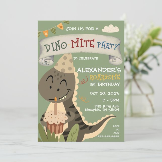 Dinosaur 1st 2nd 3rd 4th 5th 6th 7th 8th Birthday Invitation (Standing Front)