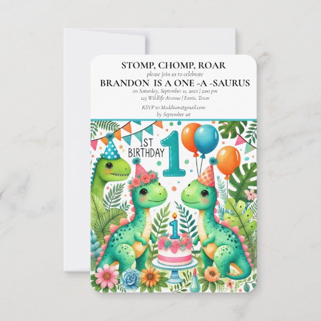 Dinosaur 1st Birthday Boy Stomp Chomp Roar Invitation (Front)