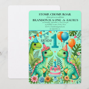 Dinosaur 1st Birthday Boy Stomp Chomp Roar Invitation