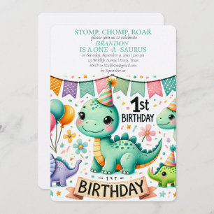 Dinosaur 1st Birthday Boy Stomp Chomp Roar Invitation