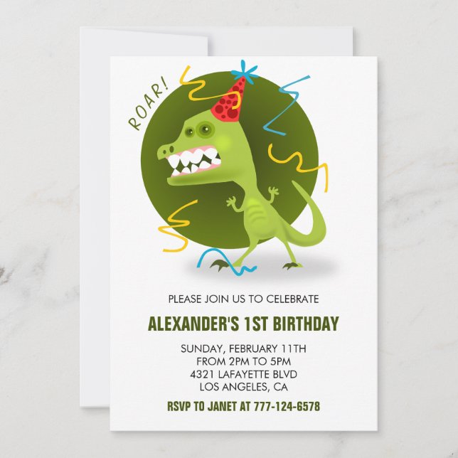 Dinosaur 1st birthday boy t rex for kids roar invitation (Front)