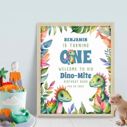 Dinosaur 1st Birthday Boy Tropical Welcome Party Poster