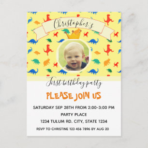 Dinosaur 1st Birthday colorful baby boy photo Invitation Postcard