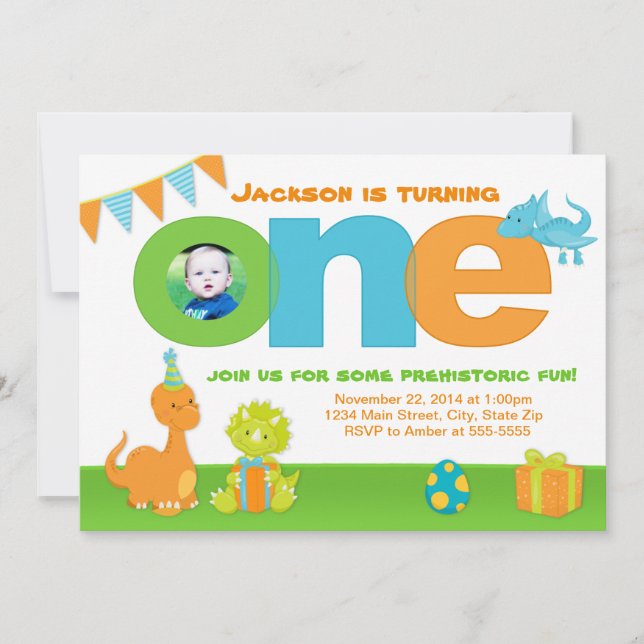 Dinosaur 1st Birthday Invitation 5x7 Photo Card (Front)