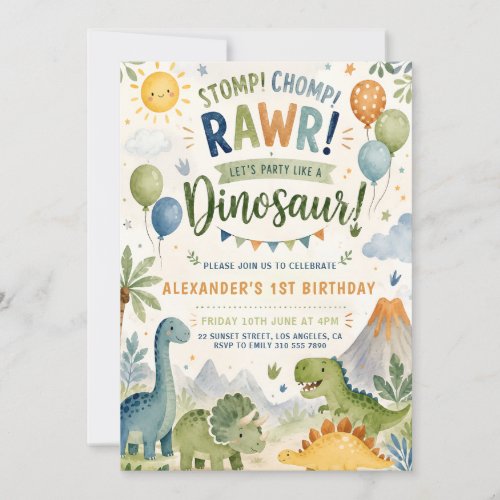 Dinosaur 1st Birthday Invitation Boy