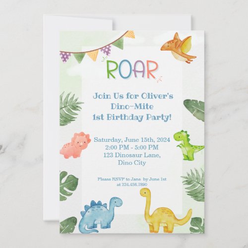 Dinosaur 1st Birthday Invitation Card