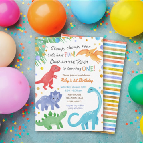 Dinosaur 1st Birthday Invitation Colorful Cute