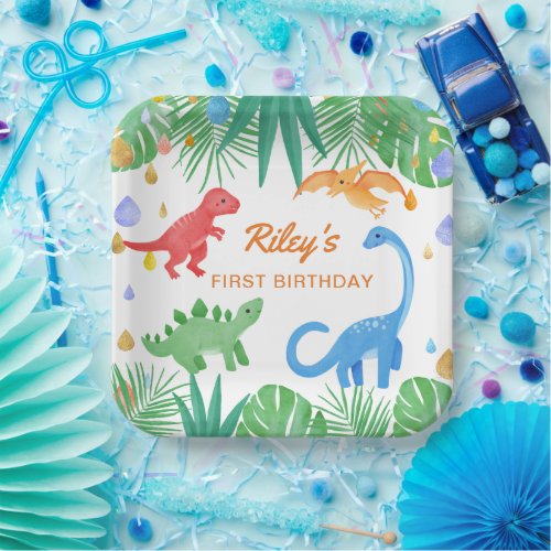 Dinosaur 1st Birthday Invitation Colorful Cute Paper Plates
