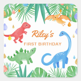 Dinosaur 1st Birthday Invitation Colorful Cute Square Sticker