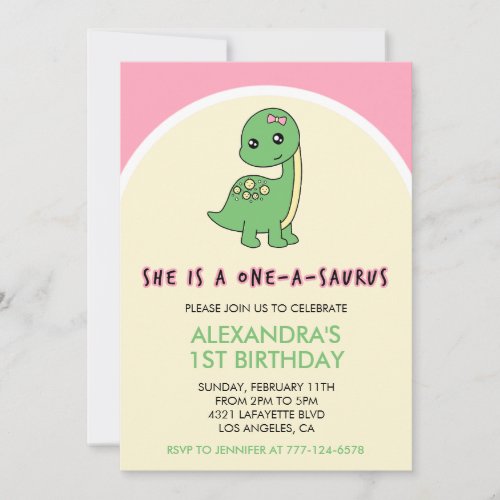 Dinosaur 1st birthday invitation girl one a saurus