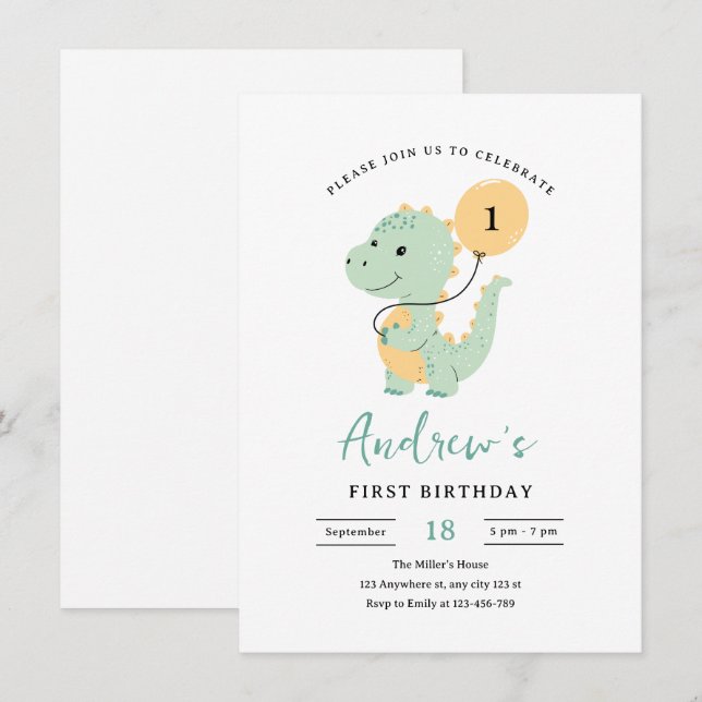 Dinosaur 1st Birthday Invitation, Minimalist T rex Invitation (Front/Back)