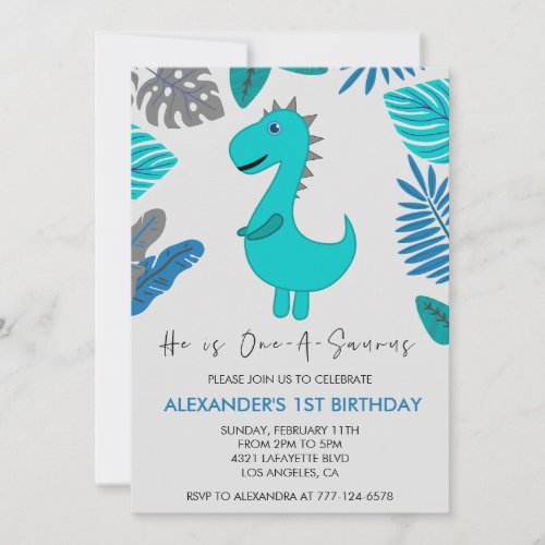 Dinosaur 1st birthday invitation one_a_saurus boy