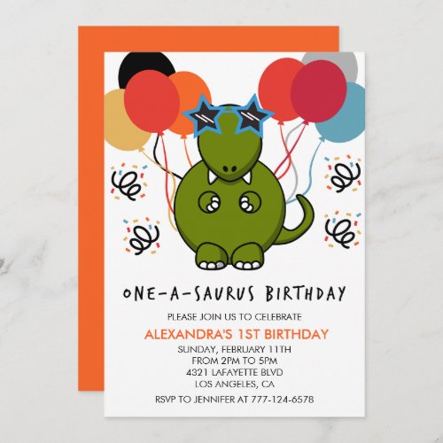 Dinosaur 1st birthday invitations Girl Funny dino
