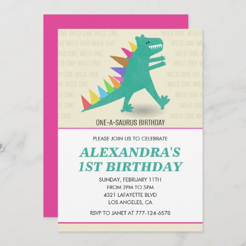 Dinosaur 1st birthday invitations Girl pink 