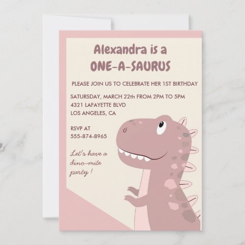 Dinosaur 1st birthday invitations Girl Pink Cute 