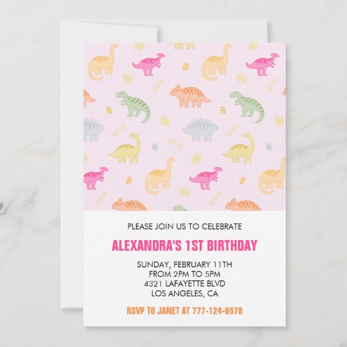 Dinosaur 1st birthday invitations girl pink jungle