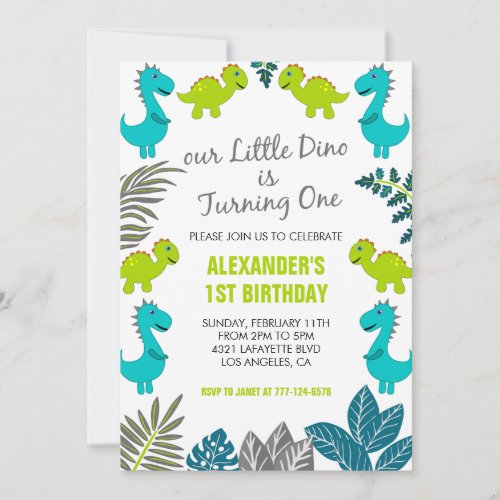 Dinosaur 1st birthday invitations jungle boy blue