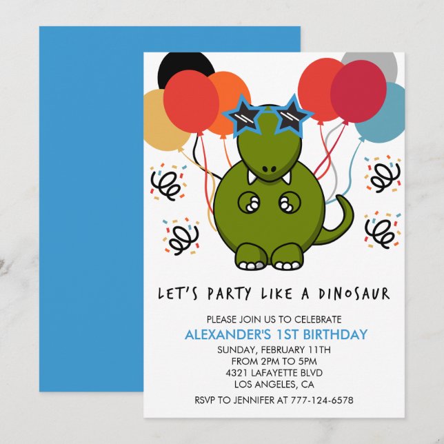 Dinosaur 1st birthday invitations like a dinosaur  (Front/Back)
