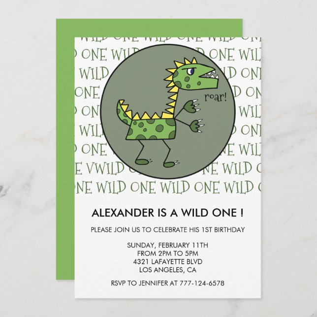 Dinosaur 1st birthday invitations wild one roar (Front/Back)
