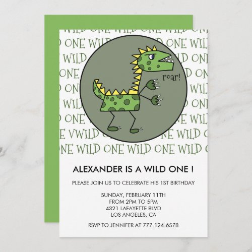Dinosaur 1st birthday invitations wild one roar