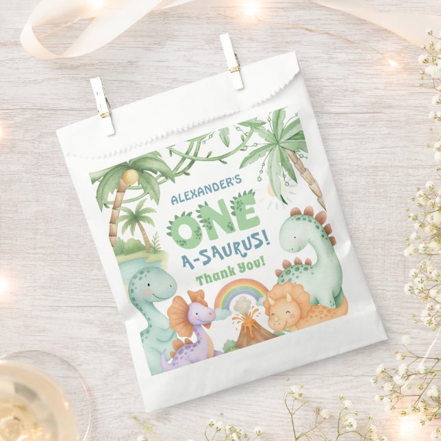 Dinosaur 1st Birthday One A-Saurus Cute Dino Party Favor Bag (Clipped)