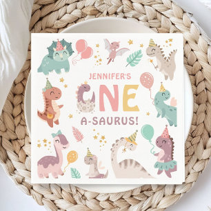 Dinosaur 1st Birthday One A-Saurus Girl Dino Paper Napkins
