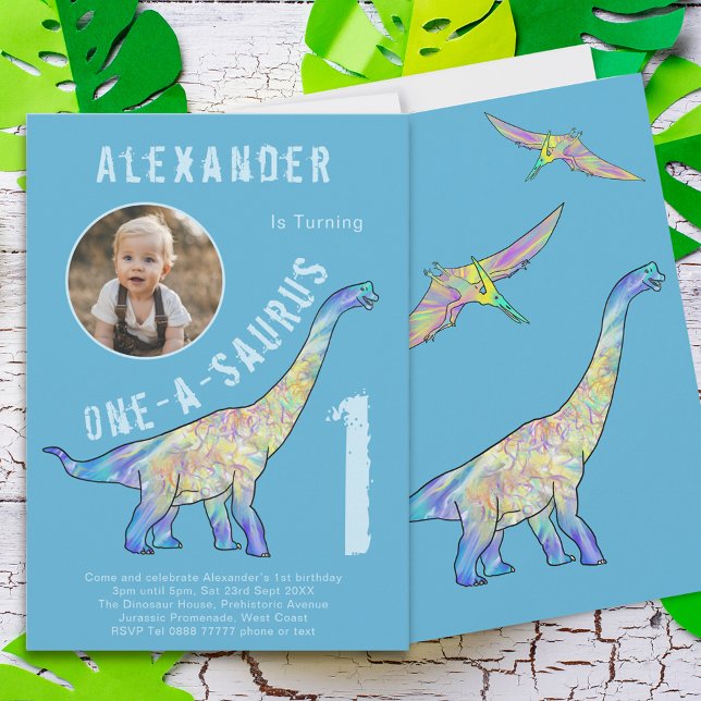 Dinosaur 1st Birthday Party Blue Invitation (One a saurus dinosaur 1st birthday party invitation with photo template colorful dino watercolor)