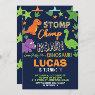 Dinosaur 1st Birthday Party Boy Stomp Chomp Roar Invitation