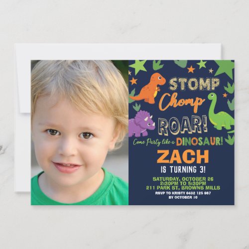 Dinosaur 1st Birthday Party Boy Stomp Chomp Roar Invitation