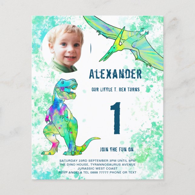 Dinosaur 1st Birthday Party Budget Flyer (Front)
