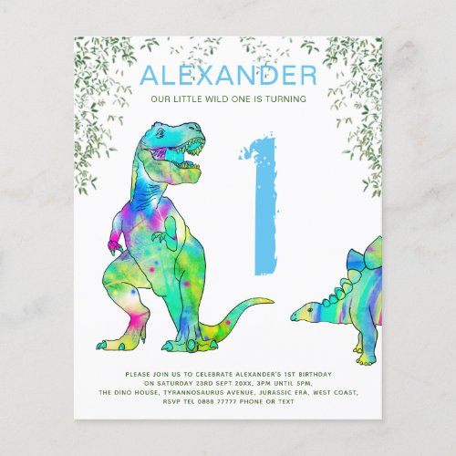 Dinosaur 1st Birthday Party budget invitation  Flyer