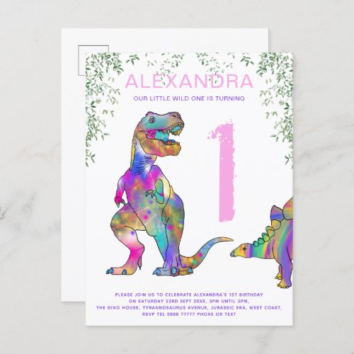Dinosaur 1st Birthday Party Budget pink Invitation Postcard