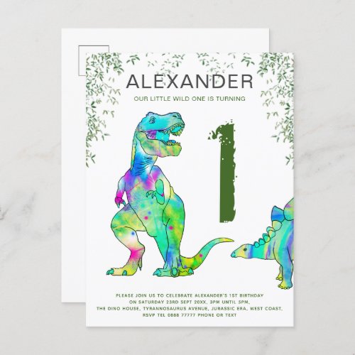 Dinosaur 1st Birthday Party colorful budget Invitation Postcard