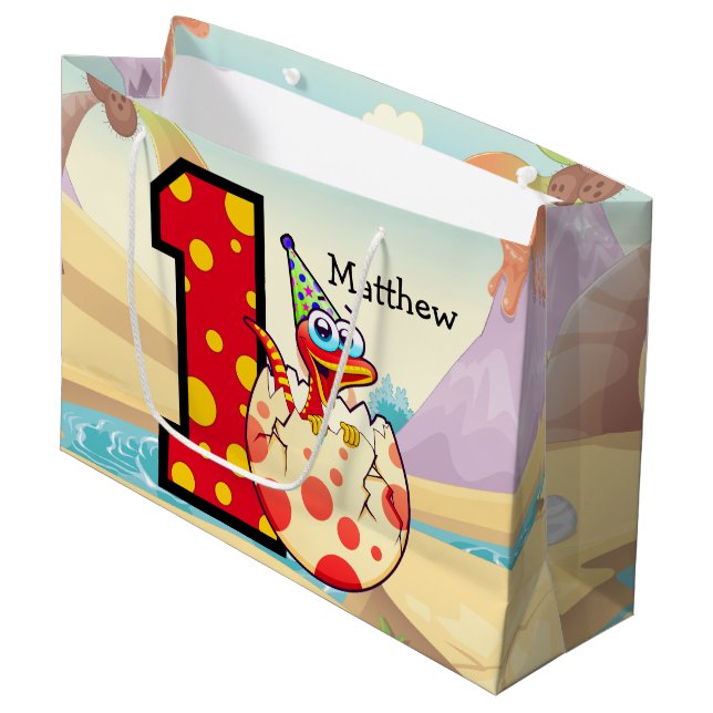 Dinosaur 1st Birthday Party Custom Large Gift Bag (Front Angled)