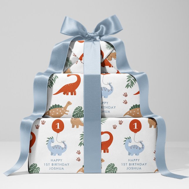 Dinosaur 1st Birthday Party Custom Name Wrapping Paper Sheets (Creator Uploaded)