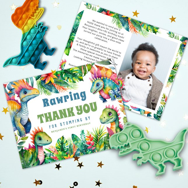 Dinosaur 1st Birthday Party Custom Photo Editable Thank You Card (Creator Uploaded)
