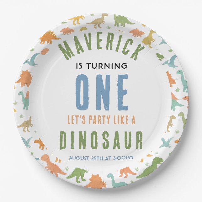 Dinosaur 1st Birthday Party | Cute Prehistoric  Paper Plates (Front)