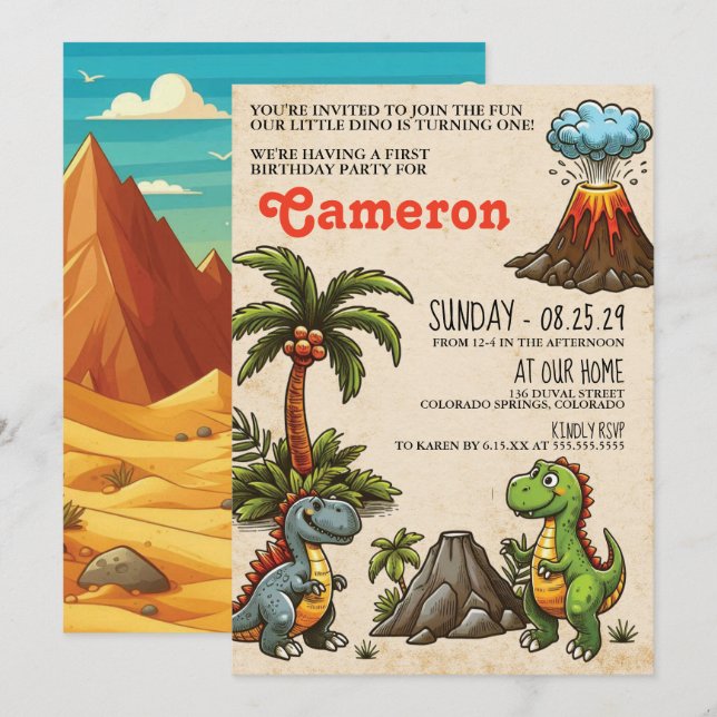 Dinosaur 1st Birthday Party Invitation (Front/Back)