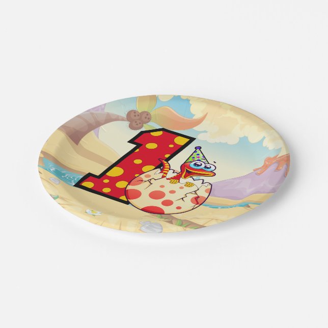 Dinosaur 1st Birthday Party Paper Plates (Angled)